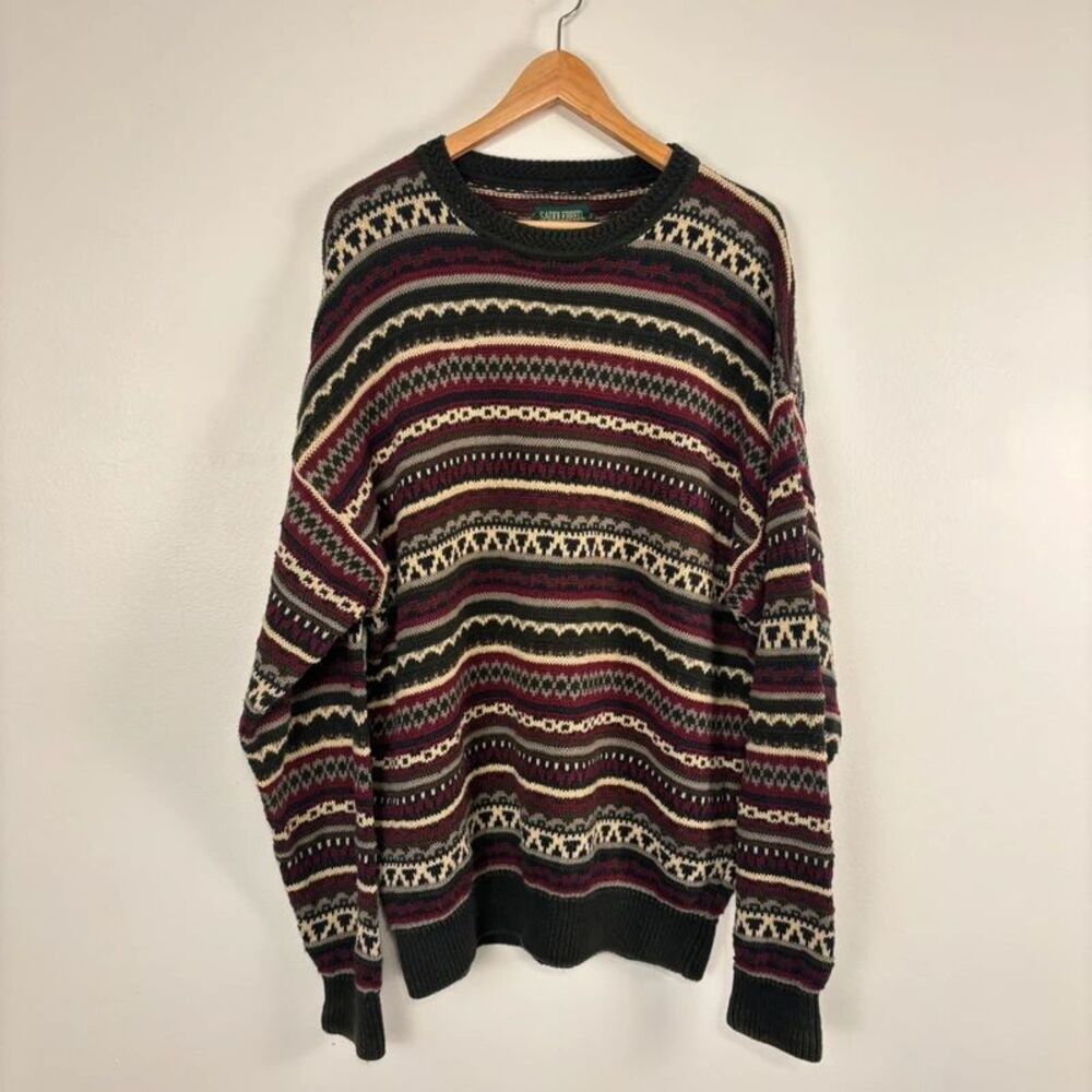 VTG 90s Saddlebred Mens Fair Isle Sweater XL Crewneck Ramie Cotton Dark Academia